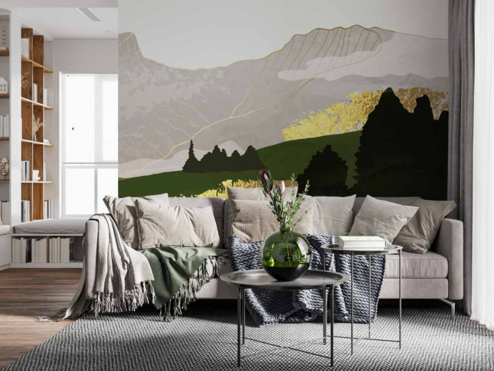 Papier peint panoramique  Paysage montagneux en vert et doré