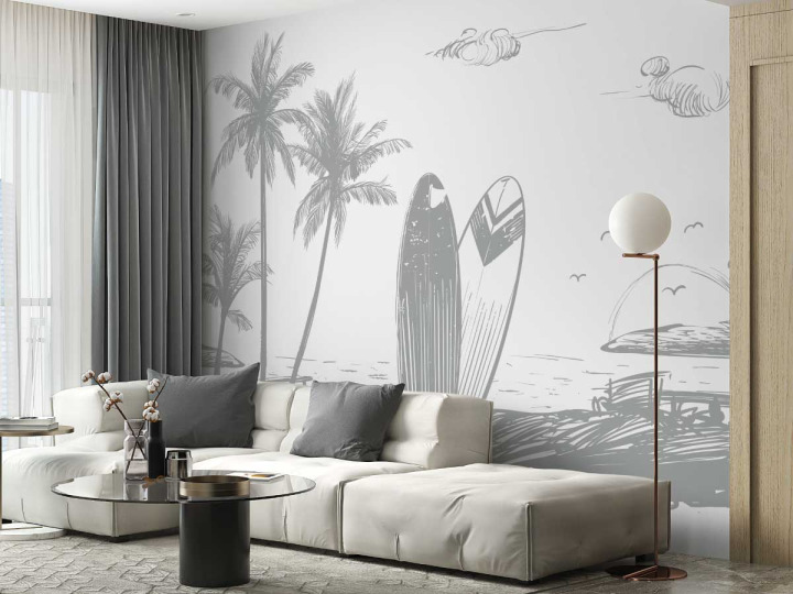 Papier peint panoramique  Plage avec palmiers et planche de surf gris clair