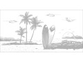 Papier peint panoramique - Plage avec palmiers et planche de surf, gris clair