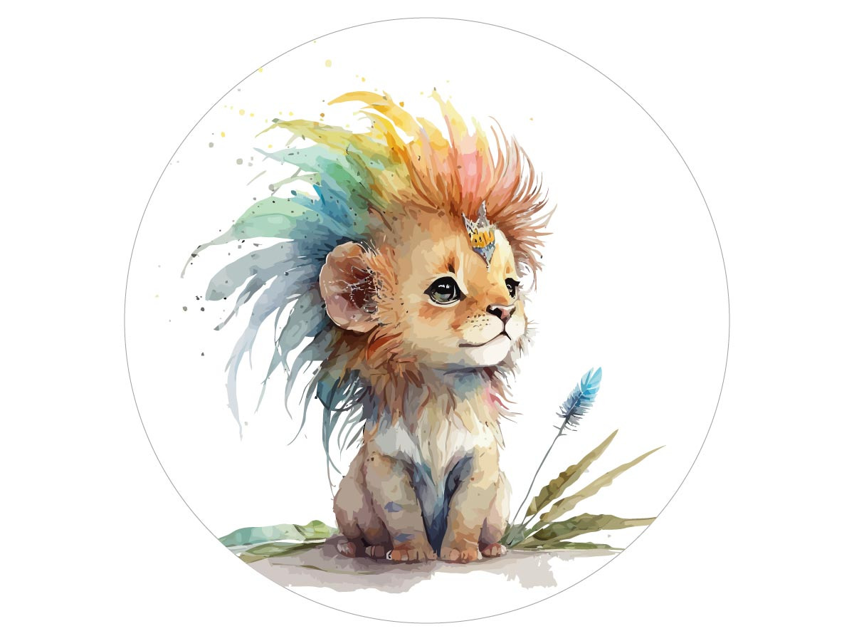 Papier peint rond pour enfant - Lion couronné en aquarelle