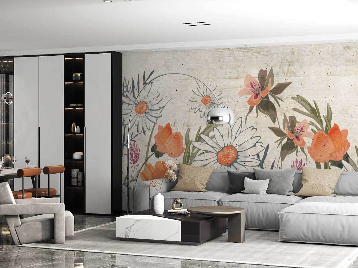 papier peint marguerite geante sur effet beton dans un  salon moderne