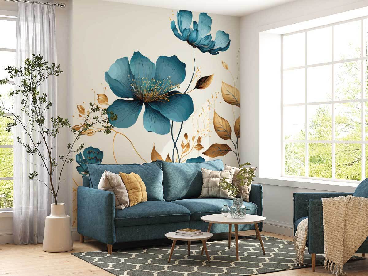 salon canapébleu avec coussin jaune et décorer d'un papier peint avec des grosses fleurs bleues et feuilles dorées