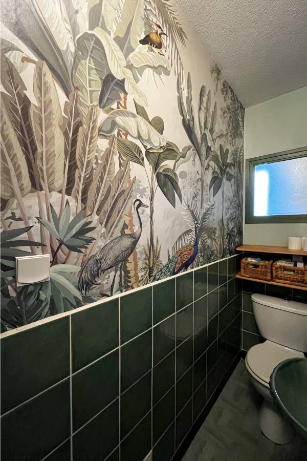 toilette wc retro avec carreaux vert, papier peint panoramique jungle avec paon